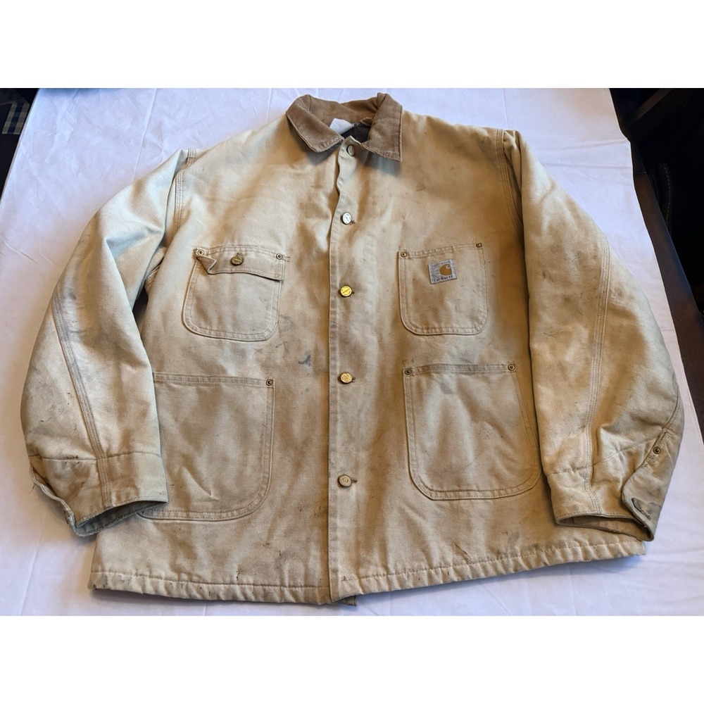 Vintage Carhartt USA Chore Coat Blanket Lined Tan Duck Work Jacket 100 Years Vtg - Picture 1 of 16